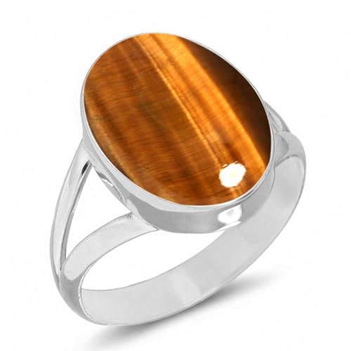 Jeweloporium Œil de tigre marron Bague plaquée argent Taille 64, Bague en argent .925 pour Femme, Bijoux bohème en pierre ovale épaisse naturelle
