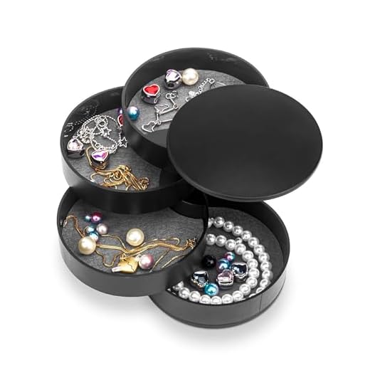 Lunyloer Runde Form SchmuckkäStchen, 4 Ebenen Drehbar Schmuckschatull, 10×10cm Schmuck Organizer, SchmuckkäStchen MäDchen für Ringe Ohrringe Halskette Mädchen (Schwarz)