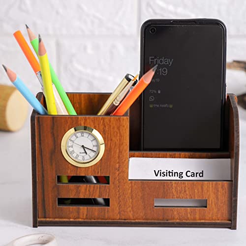 Image of Deskart Stylish Pen Stand with Clock, Business Visiting Card & Mobile Holder | Multipurpose Wooden Desk Organizer for Office Desk and Study Table