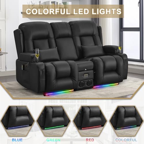 Image of URRED Power Loveseat Recliner Sofa with Massage and Heat, Wall Hugger Reclining Loveseat with Console, RV Couch Home Theater Seating with LED Lights for Living Room (Black, 67 inch - 2 Seats)