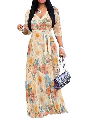 Image of PinkPatty Plus Size Maxi Dresses for Women Casual Flowy Long Dress 3 /4 Sleeve V Neck Wrap Dress with Belt