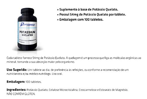 Potássio Mineral Quelato 54 mg Performance Nutrition 100 Tabletes Kit 2 Und