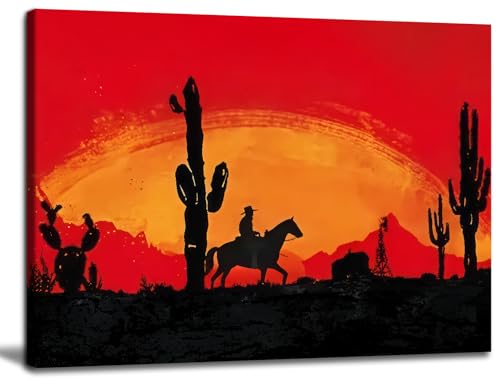 Western Cowboy Canvas Wall Art Red Sunset Wall Decor...