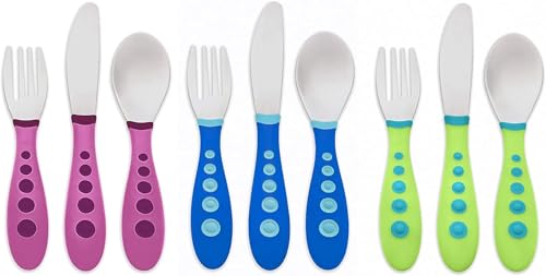 Image of First Essentials by NUK Kiddy Cutlery 9 Piece Spoon Set-Green, Purple & Blue