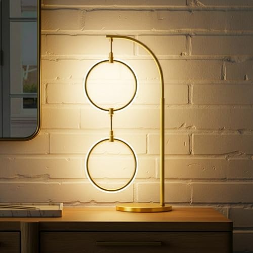 Brightech Nova Modern Table Lamp - Contemporary Arc Desk Lamp with 2-Circle Ring-Style Pendant - Alexa Compatible Nightstand Beside The Couch Lamp with Arching Pole Matches Living Room Décor - Brass