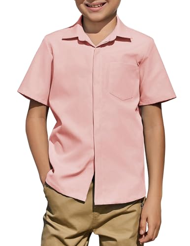 Image of Arshiner Boys Short Sleeve Dress Shirts Solid Button Down Shirts | formal Uniform School Shirt, for 4-12 Years, Hidden Buttons, with Chest Pocket, Regular Fit, Summer Tee top for Kids