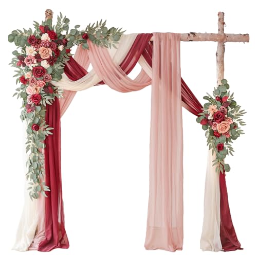 WEIERYUE Deluxe Wine Red Artificial Wedding Arch Flowers with Drapes
