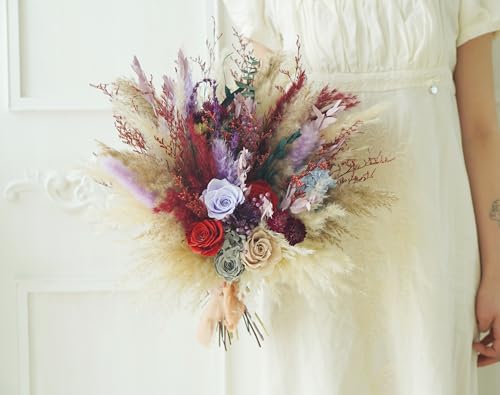 Ramo de flores secas beige y rojo estilo boho rústico miniatura 4