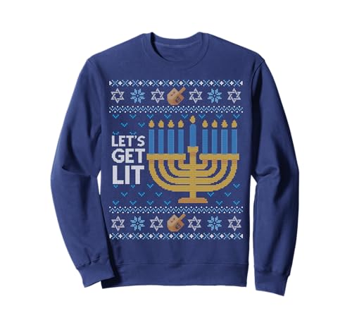 Funny Hanukkah Ugly Sweater Jewish Gift Lets Get Lit Menorah camisola, Preto, S