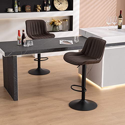 Younuoke Brown Upholstered Bar Stools Set Of 2 Counter Height Modern Adjustable Swivel Bar Chairs With Backs Mid Century Pu Leather Padded Barstool For Home Kitchen Island #TOP4