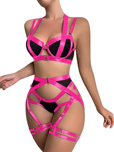 Lilosy Sexy Strappy Underwire Push Up Garter Belt Women Lingerie Set Harness Cutout Outfits Matching Bra Panty 3 Piece