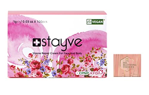 STAYVE Vegan Professional Repair Cream 1gm x 100 Box, Post Procedure, After Meso, Tattoo Aftercare, Lasers, Microneedling, Chemical Peels Bundled with 1 Pack of Herblandia Oil Absorbing Blotting Paper