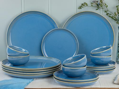 Image of Bodhi House Handcrafted Chip Resistance Porcelain Dinner Set, 18 Pieces Dish Set Serving for 6, Microwave and Dishwasher Safe, Bone-ash Free, Crockery Set for Dining and Gifting, Mid Blue