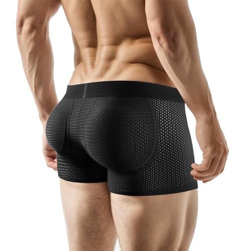Mens Padded Underwear, Breathable Mesh Boxer Brief Body Shapewear Butt Lift Enhancer with Hip Removable Pad