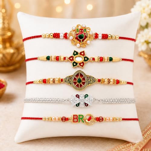 Image of Oblivion Multi Design Rakhi Set for Brother | Set of 5 Rakhi for Brother with Flower, Butterfly, BRO & Designer Rakhis, Silver Colour Pooja Thali, Pooja Coin, Kumkum Chawal & Greeting Card
