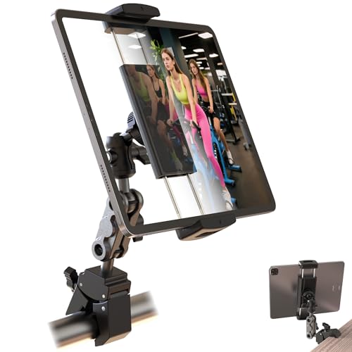 VasSmtCPH Tablet Holder for Treadmil Indoor Cycle Elliptical Spin Bike Peloton Music Stand 360° Adjustable Super Crab Handlebar Climp Mount Compitable with 4.7~12.9" iPad Switch iPhone e-Reader