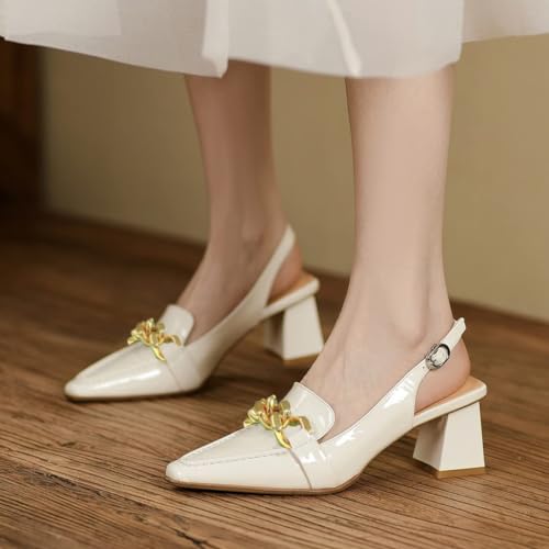 Pazzion Women Chic Closed Square Toe Chunky Heel Slingback Pumps Slip On Mid Heel Gold Chain Loafers Formal Ladies Office Business Shoes Size 4-16 US4