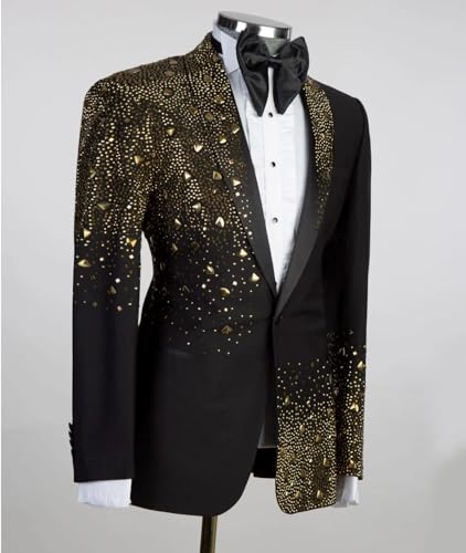 2 Piece Men's Tuxedo Black Suits Luxury Gold Beads Slim Formal One Button Blazers Jacket Pants Sets for Prom2