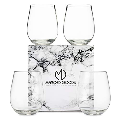 Set of 4; 16oz Tritan Plastic Stemless Wine Glasses; Unbreakable Red and White