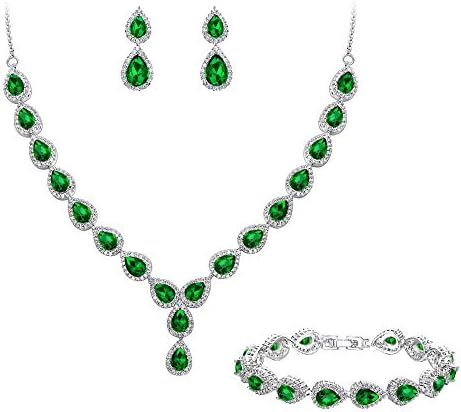 BriLove Wedding Bridal CZ Necklace Bracelet Earrings Jewelry Set for Women Teardrop Infinity Figure 8 Y-Necklace Tennis Bracelet Dangle Earrings Set Emerald Color Silver-Tone May Birthstone