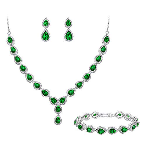Brilove Wedding Bridal Cz Necklace Bracelet Earrings Jewelry Set For Women Teardrop Infinity Figure 8 Y-Necklace Tennis Bracelet Dangle Earrings Set Emerald Color Silver-Tone May Birthstone #TOP13