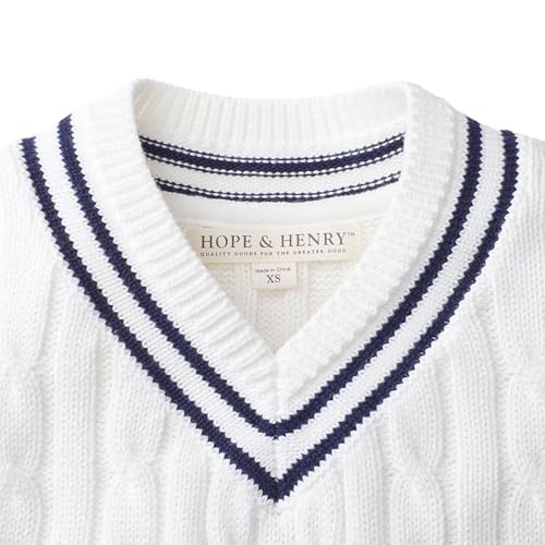 Image of Hope & Henry Boys' Organic Long Sleeve V-Neck Cricket Sweater, M (7-8), White with Navy