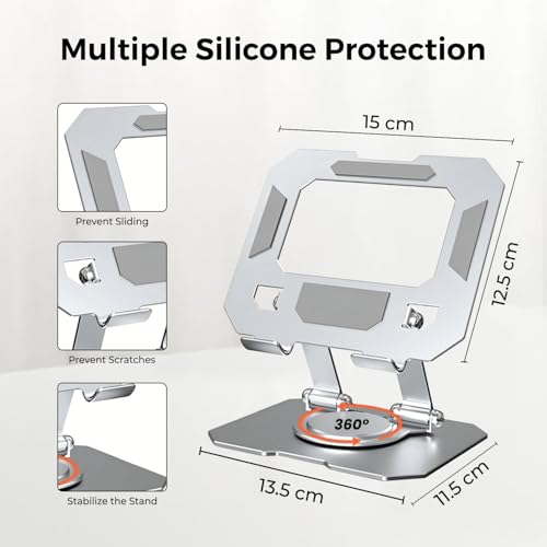 Image of Tablet Stand Holder for iPad, Galaxy, Legion Tab 4-10 Inch Tablet | Silver | 360 Rotating Foldable Metal Desk Holder, Adjustable Viewing Angle, Compatible with Galaxy Tab, Kindle & Mobile
