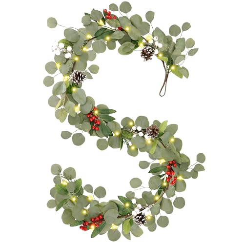 9FT Eucalyptus Garland with Lights,Real Touch Battery Operated Green Garland
