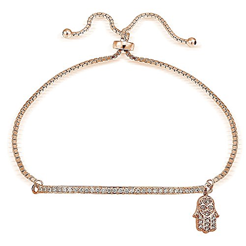 Image of Hoops & Loops Sterling Silver Cubic Zirconia Hamsa & Bar Adjustable Pull String Bracelet