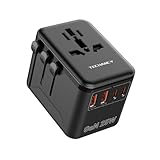 Adaptador de Viaje Universal Techancy GAN 25W con Cargador Universal, 4 Puertos USB-C y USB-A, Enchufe Universal Compatible con UK/USA/Europa/Japón, Adaptador Enchufe para Más de 180 Países, Negro