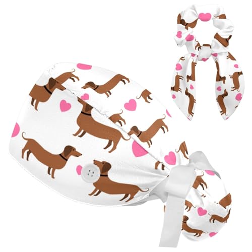 Dachshunds Hearts Scrub Caps Women Ponytail Surgical Caps for Women Long Hair with Bow Hair Scrunchy
