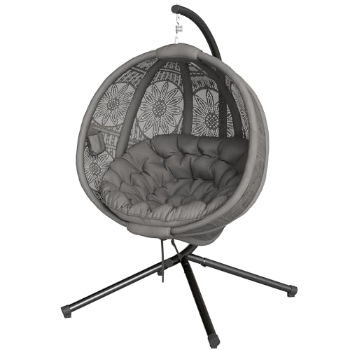 Image of Outsunny Outdoor Hanging Chair, Swing Chair with Metal Stand, Thick Padded Cushion, Foldable Basket and Side Pocket, for Indoor and Outdoor, Charcoal Grey