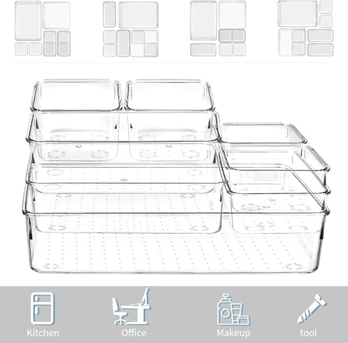 Image of Clear Plastic Drawer Organizers Set, 4-Size Versatile Bathroom and Vanity Drawer Organizer Trays, Storage Bins for Makeup, Bedroom, Kitchen Gadgets Utensils and Office (8 PC SET)