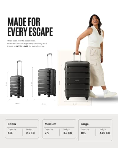 Image of SNITCH Layer 3Pc Set Black Polypropylene Hard Travel Suitcase - Suitcase for Travel Set of 3 & Luggage with 8 Wheels, Premium Lock, Wet & Dry Pouch & Free Shoe Bag