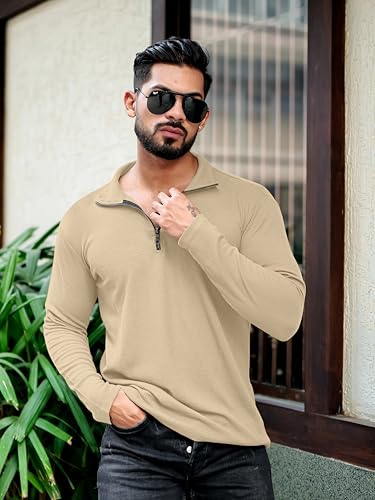 Image of KAJARU Men's Polyester Blend T Shirt with Spread Collar Neck Line Zipper Closure Full Sleeves Solid Pattern Regular Fit and Standard Length