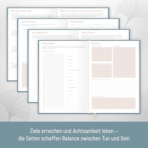 paper&you® Work & Life Wochenplaner ohne Datum A5 Blue Ginkgo undatierter Kalender zur Achtsamkeit & Selbstorganisation, Planer undatiert, Dankbarkeitstagebuch - nachhaltig & klimafreundlich