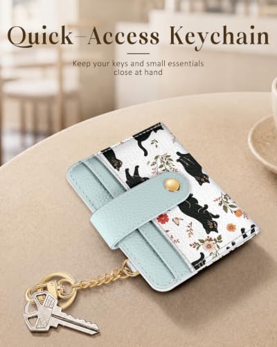 Image of Bistup Small Card Wallet for Women with Keychain, Cat Pattern | durable material, clear ID window,, compact design for daily carry, sturdy keychain, aesthetic