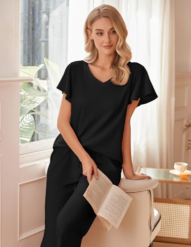 Image of Ekouaer Womens Cotton Pajamas Sets Short Sleeve Capri Pants with Pockets