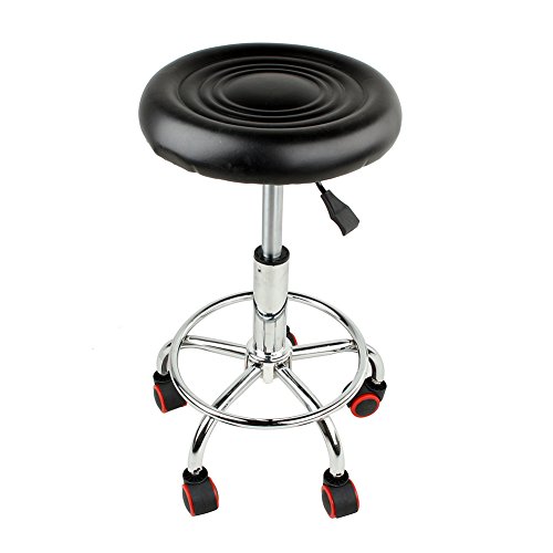 Round PU Leather Rolling Stool Chair, Height Adjustable 17.7\" to 21.6\" Shop Stool Swivel Drafting Work Tatoo SPA Salon Stools with Wheels Office Chair Black