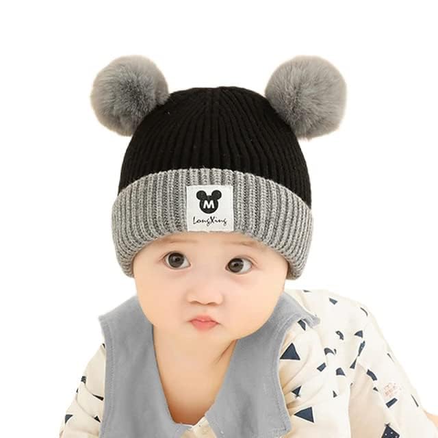 Richmen Baby Beanie Hat, Cute Cat Warm Toddlers Winter Hat, Double Pom Pom Beanies for Boys & Girls Woolen Knitted Cap (3 Months - 4 Years)