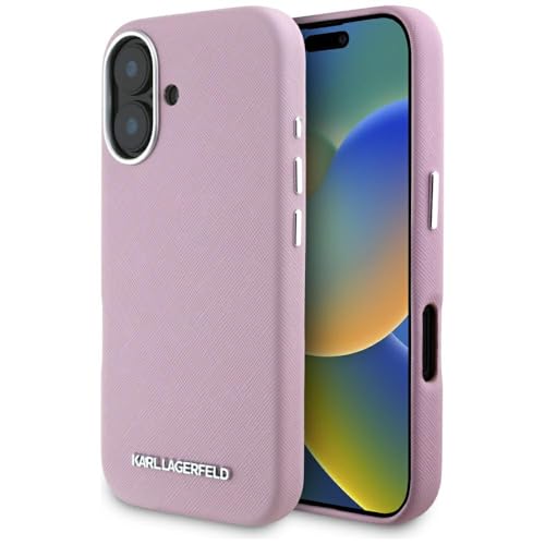 CG Mobile Karl Lagerfeld Saffiano Coque de Protection entièrement enveloppée, avec Logo en métal allongé, pour iPhone 16, Compatible avec MagSafe (Rose)