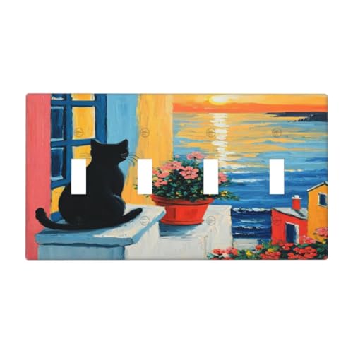 Decorative Switch Covers Plate Vintage Oil Painting Style Black Cat Sea Flowers 4 Gang Wall Plate Oversized Quad Toggle Light Switch Plate Jumbo Faceplate for Country Bedroom Decor