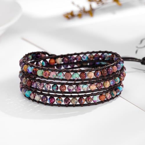 Image of Plumiss Women Boho Handmade Natural Stone Crystal Leather Bead Wrap Bracelets Collection