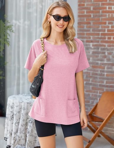 Image of Ekouaer Two Piece Sets for Women Summer Outfits 2026 Lounge Set Crew Neck Tshirts Biker Short Sweatsuit with Pocket