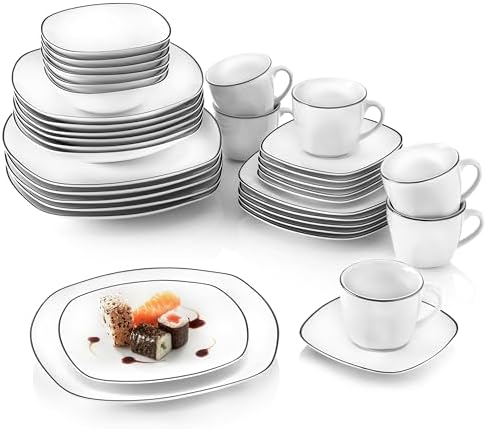 SÄNGER Kombiservice Bilgola Black Rim 36 tlg, Porzellan | Geschirrset 6 Personen spülmaschinenfest, Tellern & Kaffeeservice, Geschirr mit Schwarzen Akzenten