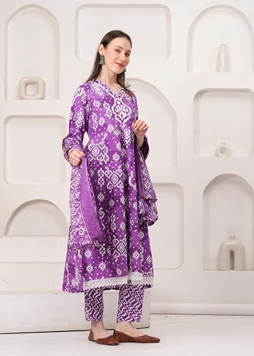 Image of Ethnic Villa Traditional Floral Anarkali Suit with Dupatta, 3 Sleeve Cotton Dress Set, Printed Kurta Palazzo with Dupatta Set (Pack of 1)
