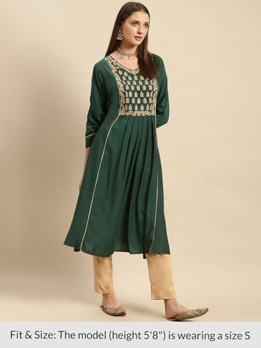 Image of rangita Green Viscose Blend Calf Length Embroidered Flared Kurti for Women | Kurta for Women