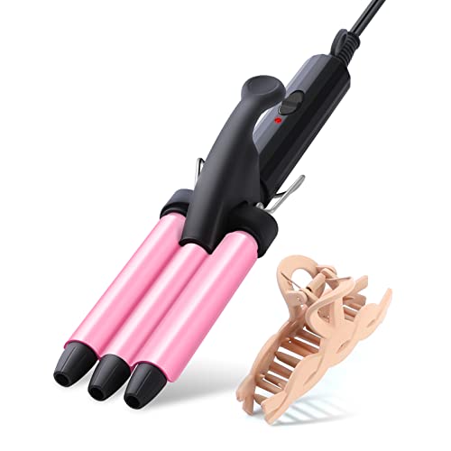 Three Barrel Curling Iron, Mini Curling Wand 1/2 Inch for Home and Travel, Ceramic Tourmaline Add Shine to Waves, Youuish Dual Voltage Hair Crimper, Pink