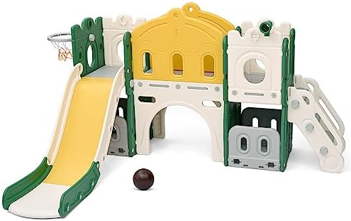 YMYMGGI Toddler Slide, Indoor Slide Playground for Kids, Outdoor Slide Toddlers Climber and Slide Set with Basketball Hoop, 7-in-1 Slide for Toddlers Age 12 Month +(Yellow Green)