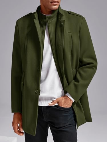 Karlywindow Mens Trench Coat Long Sleeve Stand Collar Single Breasted Pea Coat Casual Mid Long Slim Fit Overcoat with Pockets2